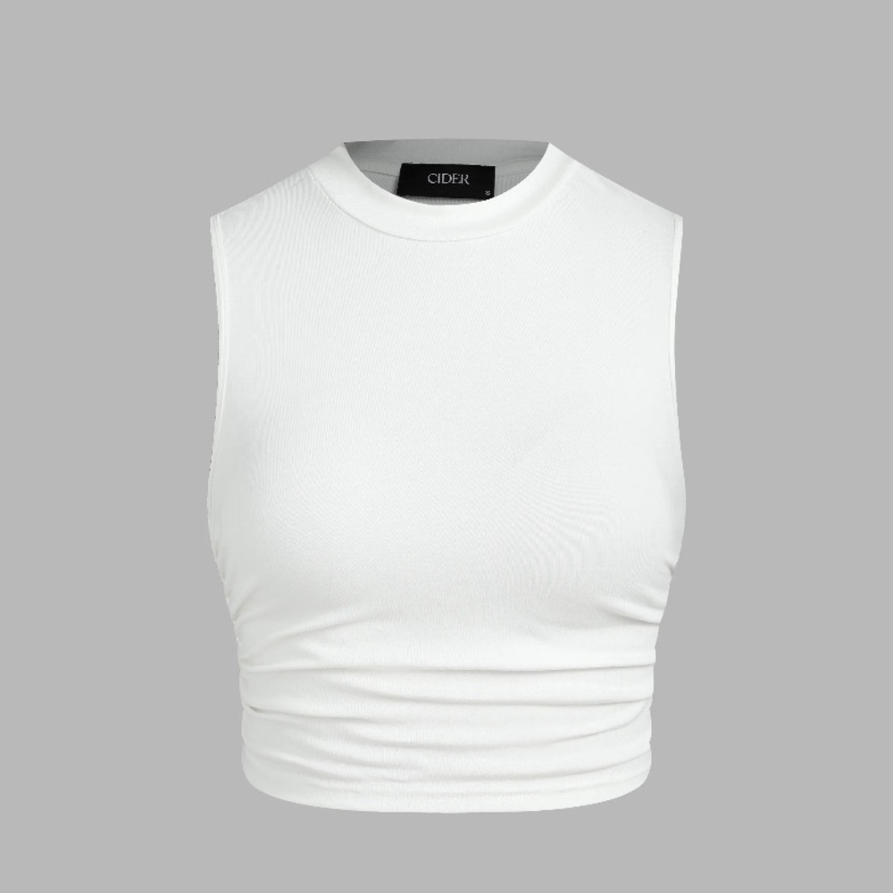 sleeveless white ruched crop top